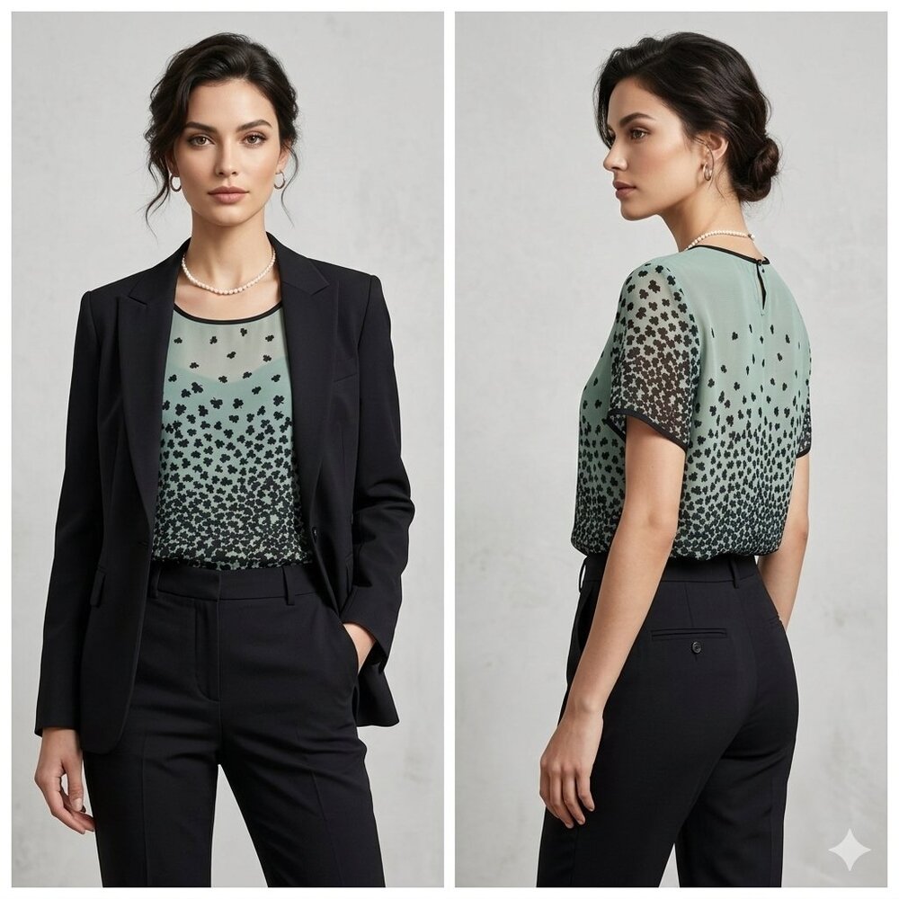 Krizia Sage Green & Black Clover Print Design Ombré Blouse - Size XL - Picture 1 of 7